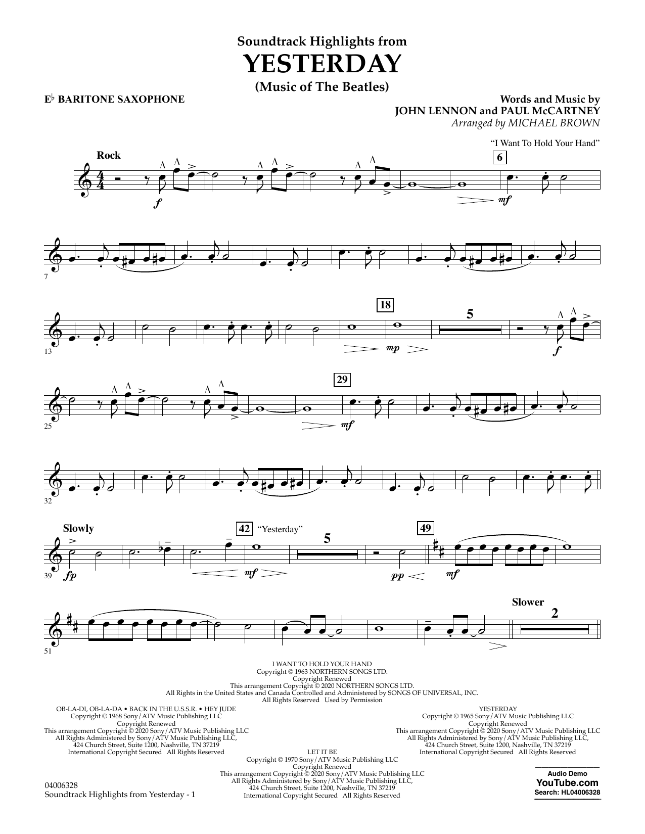 Download The Beatles Highlights from Yesterday (Music Of The Beatles) (arr. Michael Brown) - Eb Barit Sheet Music and learn how to play Concert Band PDF digital score in minutes