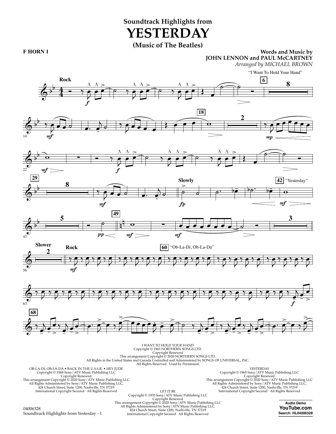 Download The Beatles Highlights from Yesterday (Music Of The Beatles) (arr. Michael Brown) - F Horn 1 Sheet Music and learn how to play Concert Band PDF digital score in minutes