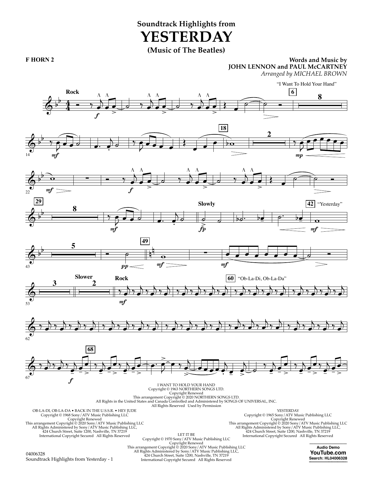 Download The Beatles Highlights from Yesterday (Music Of The Beatles) (arr. Michael Brown) - F Horn 2 Sheet Music and learn how to play Concert Band PDF digital score in minutes