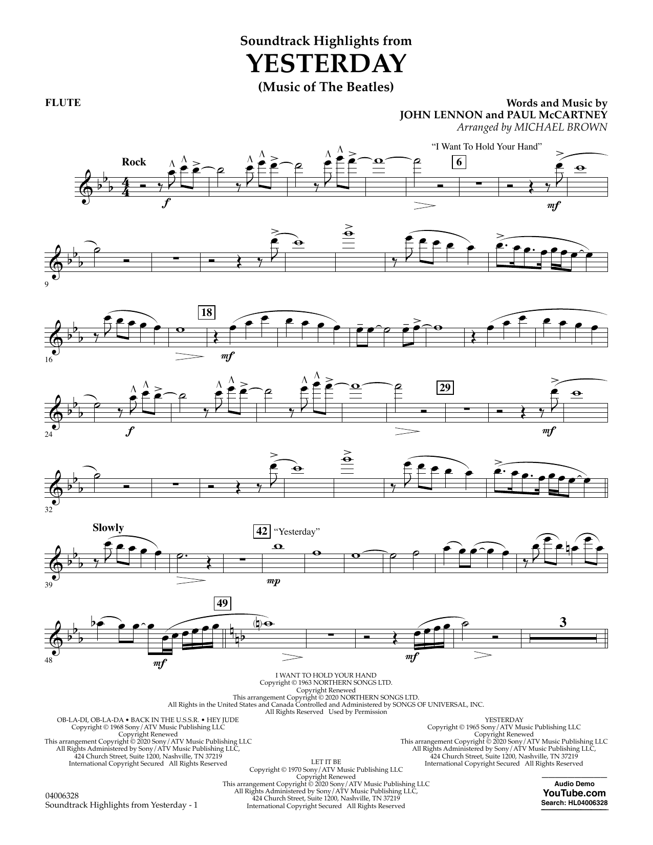 Download The Beatles Highlights from Yesterday (Music Of The Beatles) (arr. Michael Brown) - Flute Sheet Music and learn how to play Concert Band PDF digital score in minutes