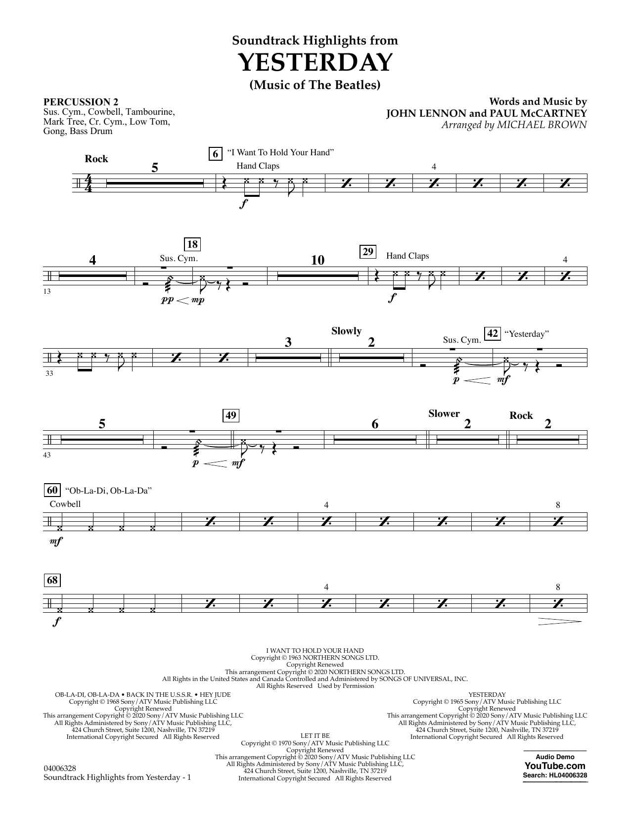 Download The Beatles Highlights from Yesterday (Music Of The Beatles) (arr. Michael Brown) - Percussi Sheet Music and learn how to play Concert Band PDF digital score in minutes