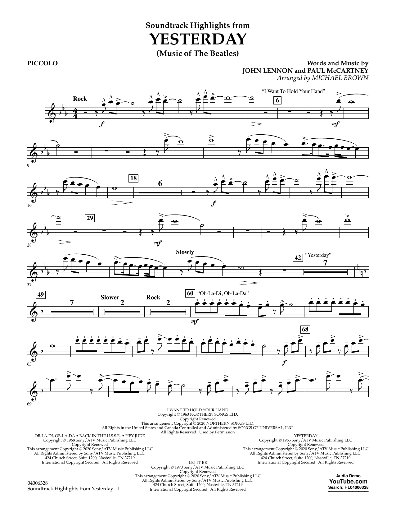 Download The Beatles Highlights from Yesterday (Music Of The Beatles) (arr. Michael Brown) - Piccolo Sheet Music and learn how to play Concert Band PDF digital score in minutes
