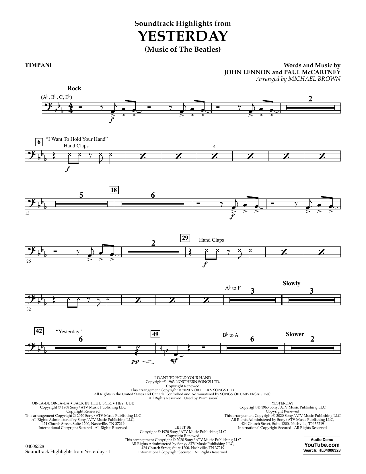 Download The Beatles Highlights from Yesterday (Music Of The Beatles) (arr. Michael Brown) - Timpani Sheet Music and learn how to play Concert Band PDF digital score in minutes