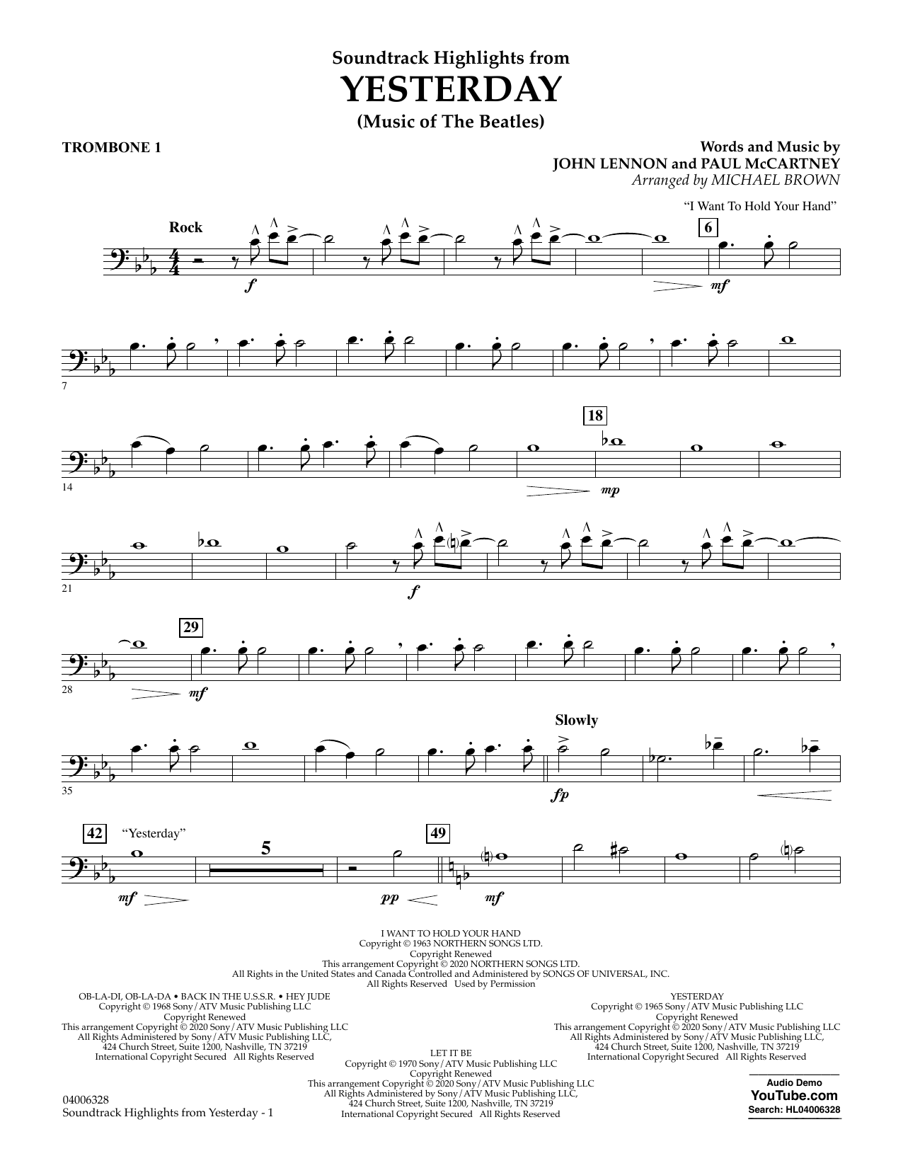 Download The Beatles Highlights from Yesterday (Music Of The Beatles) (arr. Michael Brown) - Trombone Sheet Music and learn how to play Concert Band PDF digital score in minutes