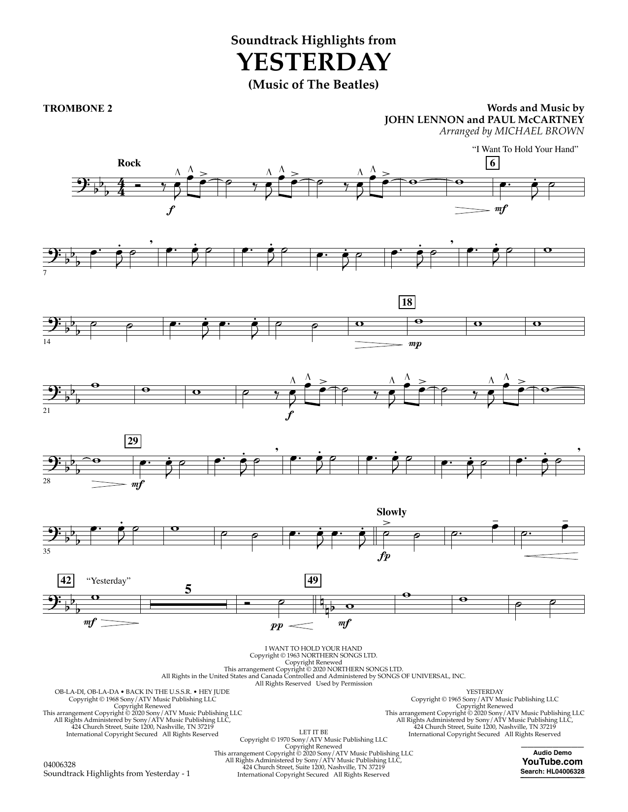 Download The Beatles Highlights from Yesterday (Music Of The Beatles) (arr. Michael Brown) - Trombone Sheet Music and learn how to play Concert Band PDF digital score in minutes