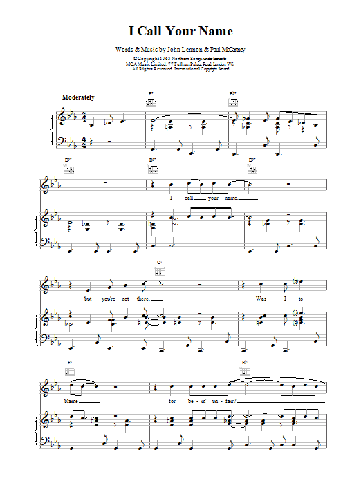 Download The Beatles I Call Your Name Sheet Music and learn how to play Piano, Vocal & Guitar (Right-Hand Melody) PDF digital score in minutes