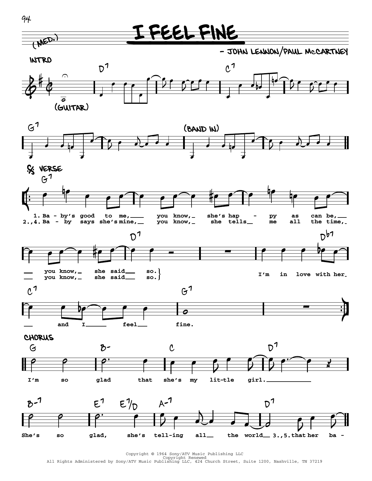 Download The Beatles I Feel Fine [Jazz version] Sheet Music and learn how to play Real Book – Melody, Lyrics & Chords PDF digital score in minutes