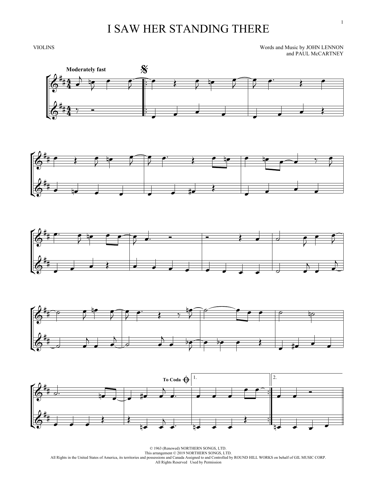 Download The Beatles I Saw Her Standing There (arr. Mark Phillips) Sheet Music and learn how to play Violin Duet PDF digital score in minutes
