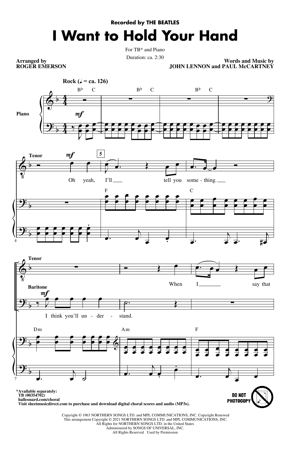 Download The Beatles I Want To Hold Your Hand (arr. Roger Emerson) Sheet Music and learn how to play TB Choir PDF digital score in minutes