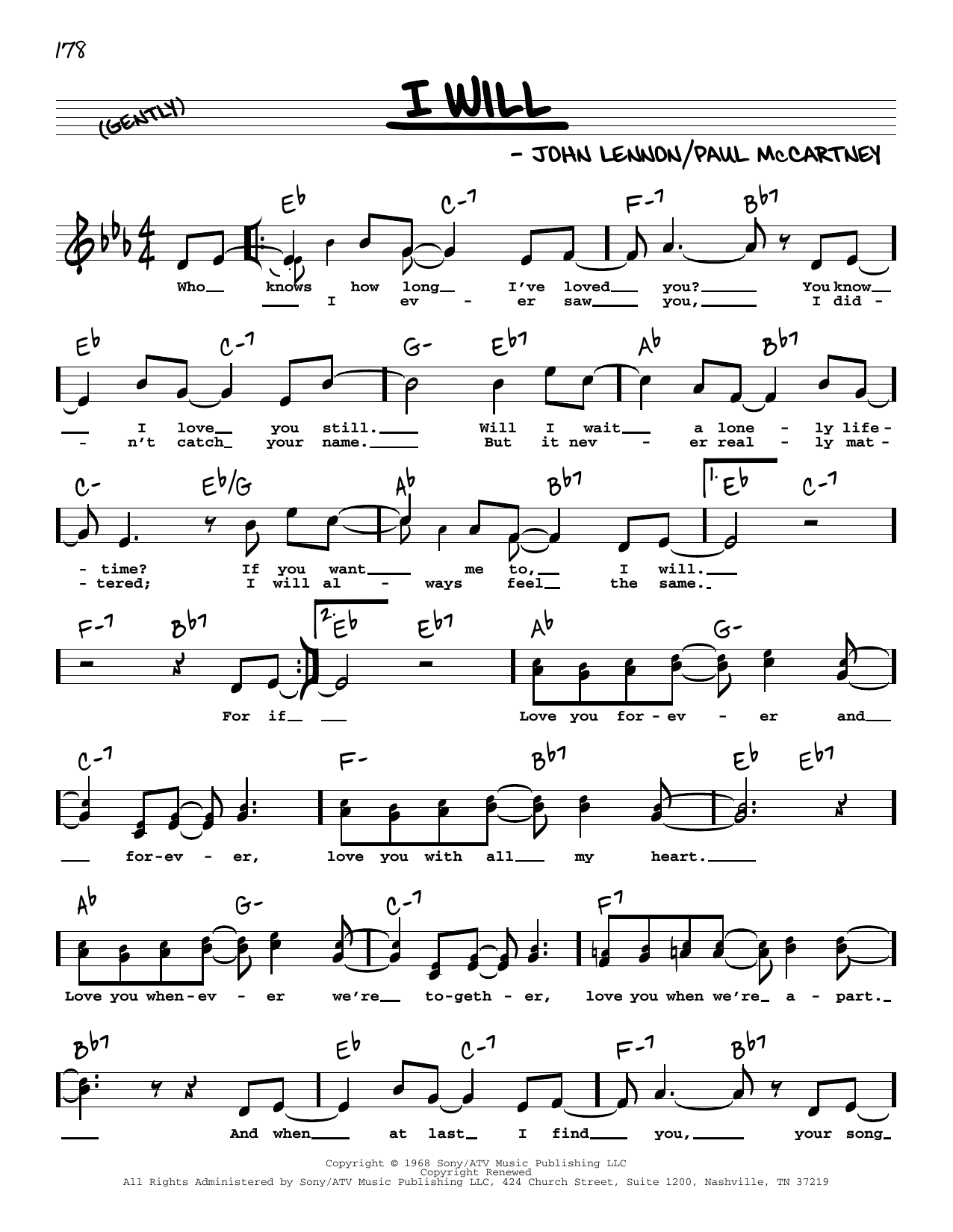 Download The Beatles I Will (High Voice) Sheet Music and learn how to play Real Book – Melody, Lyrics & Chords PDF digital score in minutes