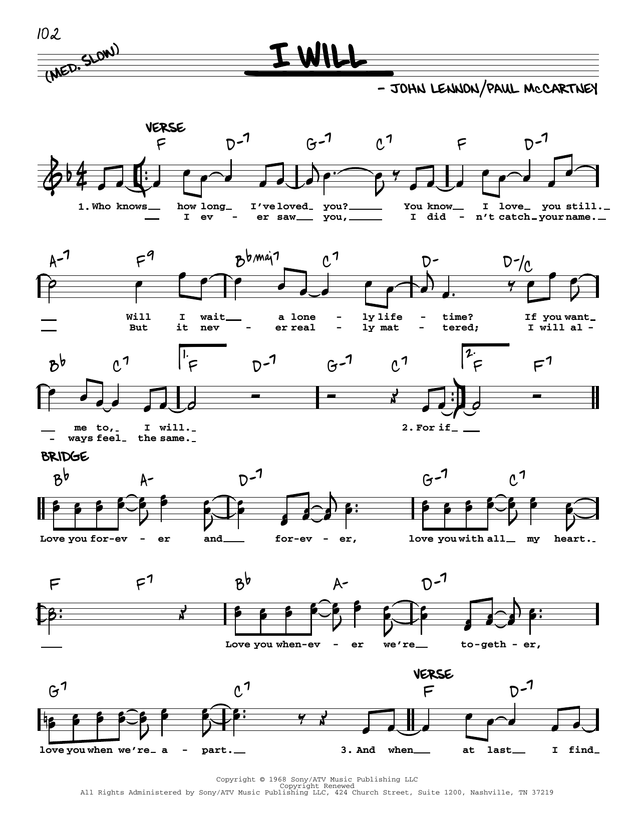 Download The Beatles I Will [Jazz version] Sheet Music and learn how to play Real Book – Melody, Lyrics & Chords PDF digital score in minutes