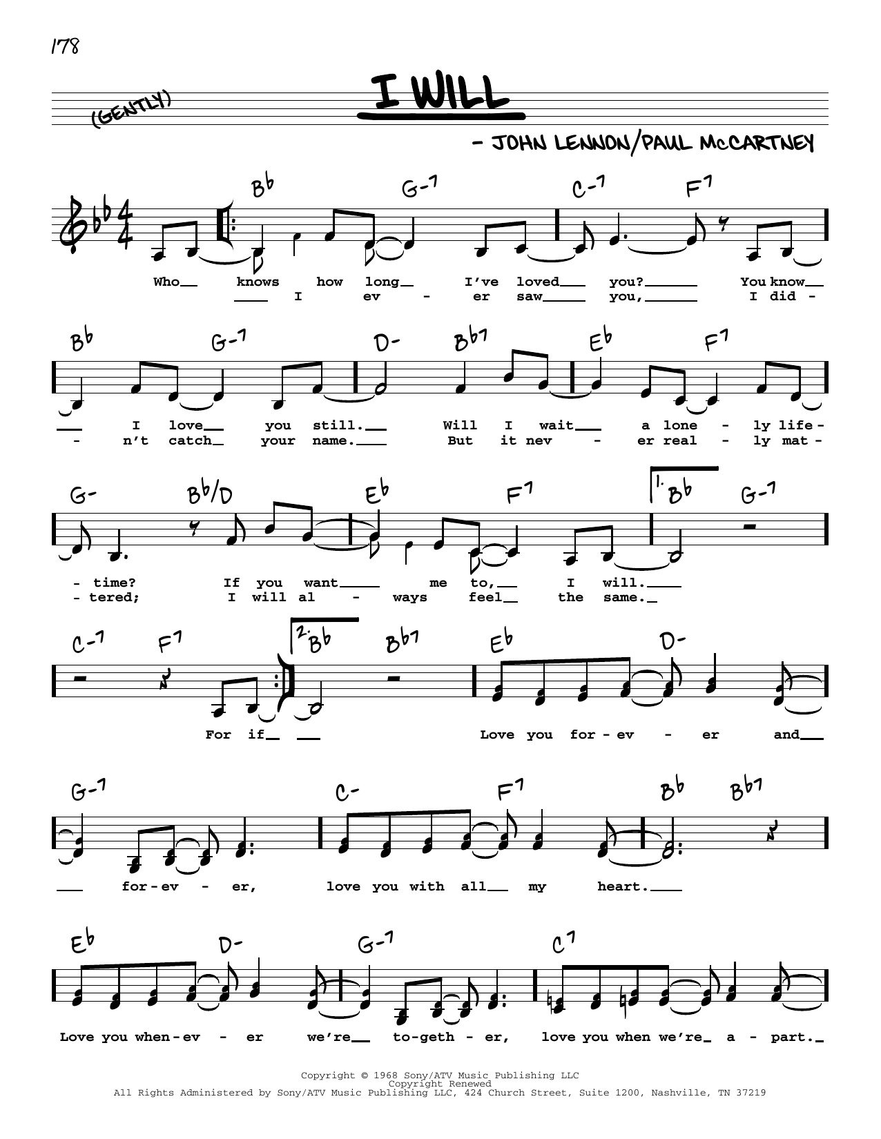 Download The Beatles I Will (Low Voice) Sheet Music and learn how to play Real Book – Melody, Lyrics & Chords PDF digital score in minutes