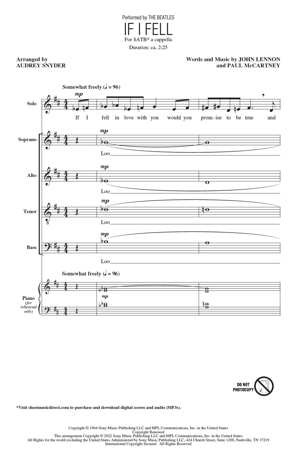 Download The Beatles If I Fell (arr. Audrey Snyder) Sheet Music and learn how to play SATB Choir PDF digital score in minutes