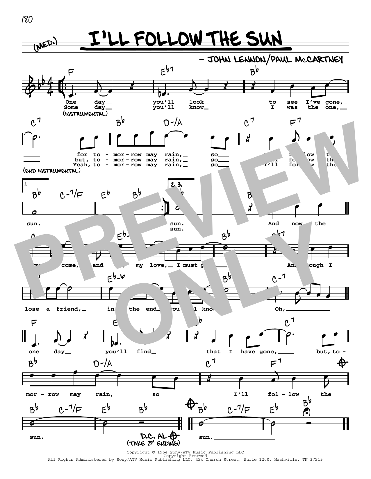 Download The Beatles I'll Follow The Sun (High Voice) Sheet Music and learn how to play Real Book – Melody, Lyrics & Chords PDF digital score in minutes