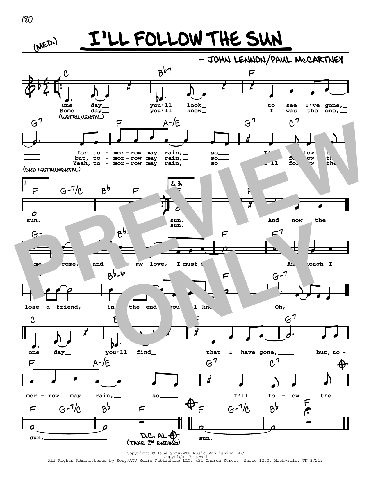 Download The Beatles I'll Follow The Sun (Low Voice) Sheet Music and learn how to play Real Book – Melody, Lyrics & Chords PDF digital score in minutes