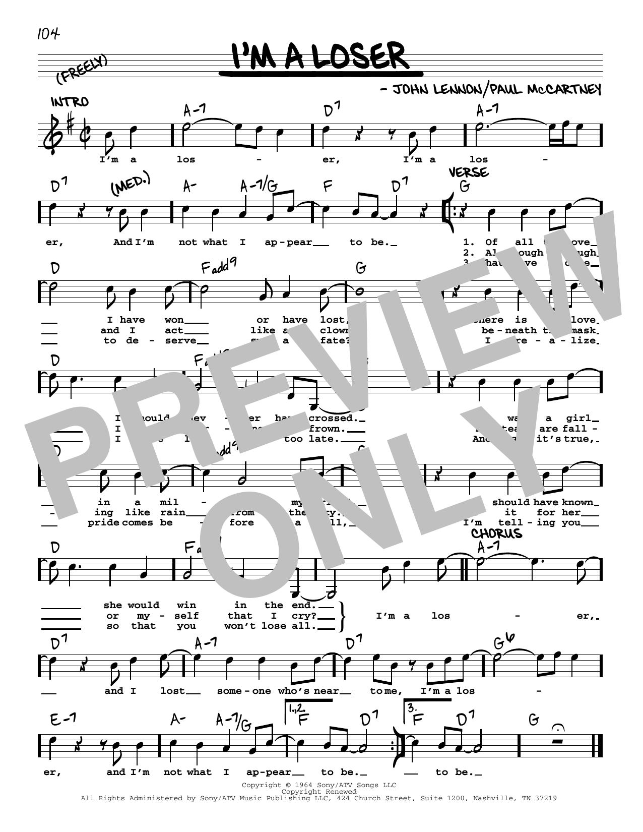 Download The Beatles I'm A Loser [Jazz version] Sheet Music and learn how to play Real Book – Melody, Lyrics & Chords PDF digital score in minutes