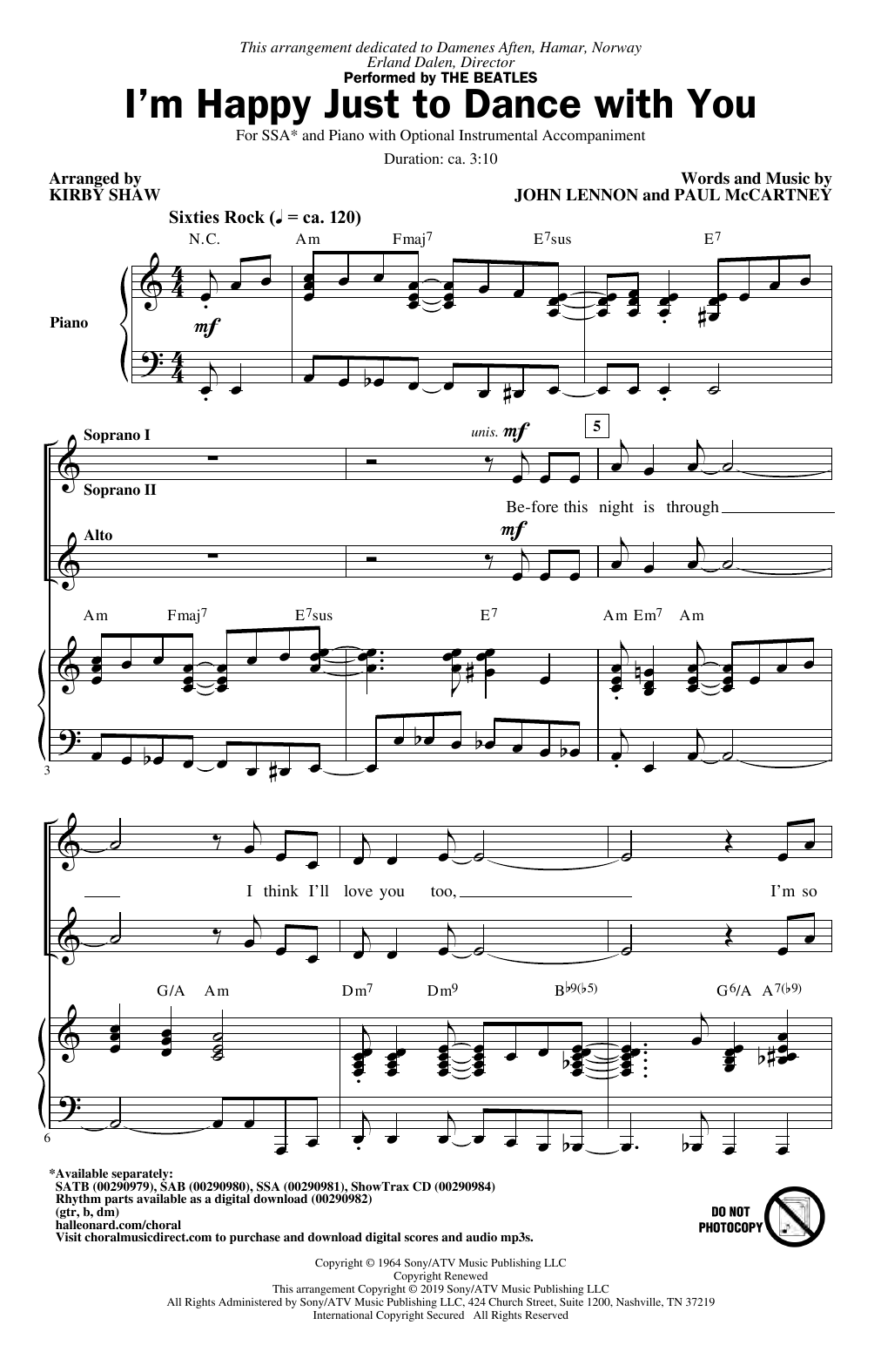Download The Beatles I'm Happy Just To Dance With You (arr. Kirby Shaw) Sheet Music and learn how to play SSA Choir PDF digital score in minutes