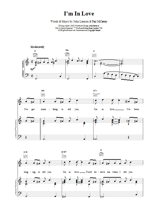 Download The Beatles I'm In Love Sheet Music and learn how to play Piano, Vocal & Guitar (Right-Hand Melody) PDF digital score in minutes