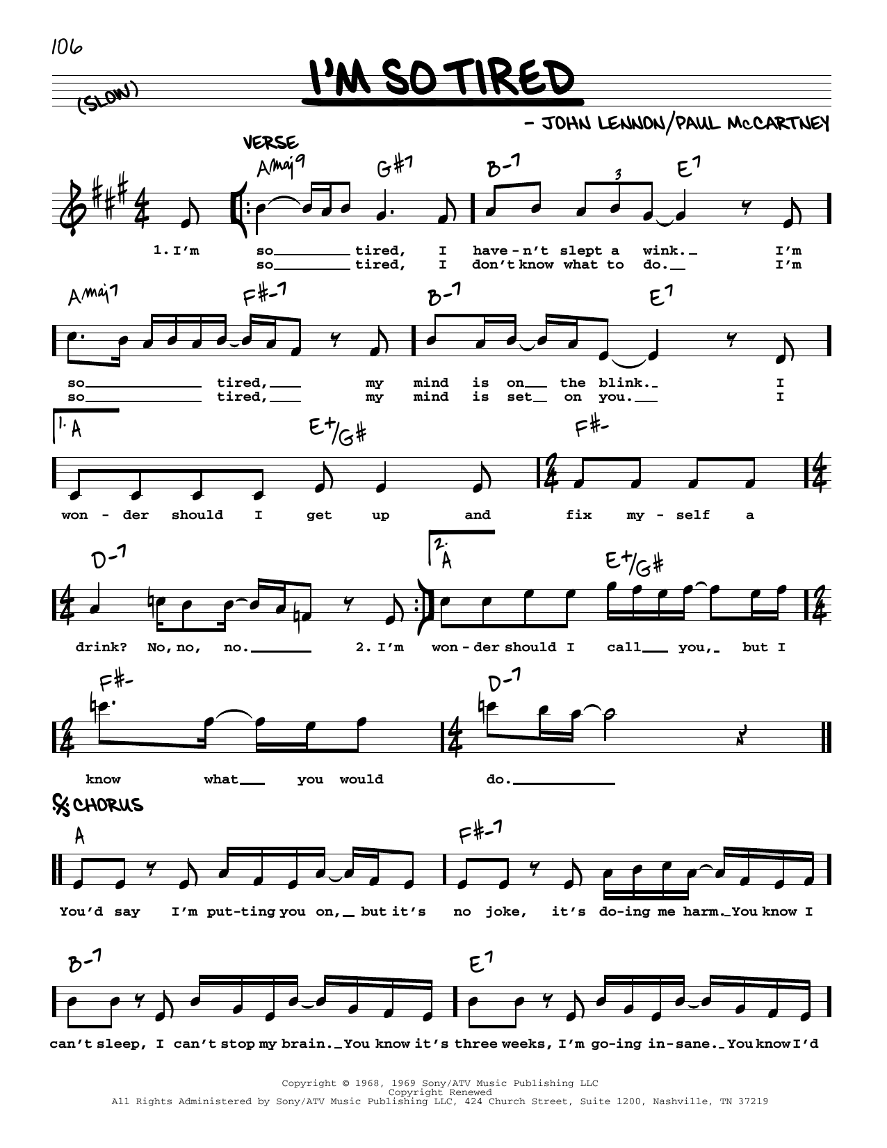 Download The Beatles I'm So Tired [Jazz version] Sheet Music and learn how to play Real Book – Melody, Lyrics & Chords PDF digital score in minutes