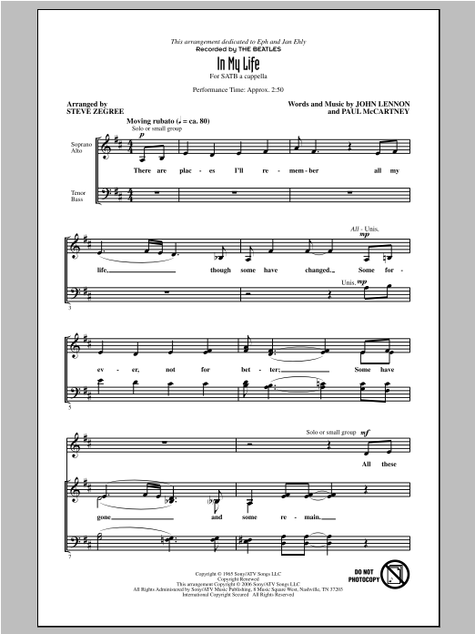 Download The Beatles In My Life (arr. Steve Zegree) Sheet Music and learn how to play SATB PDF digital score in minutes
