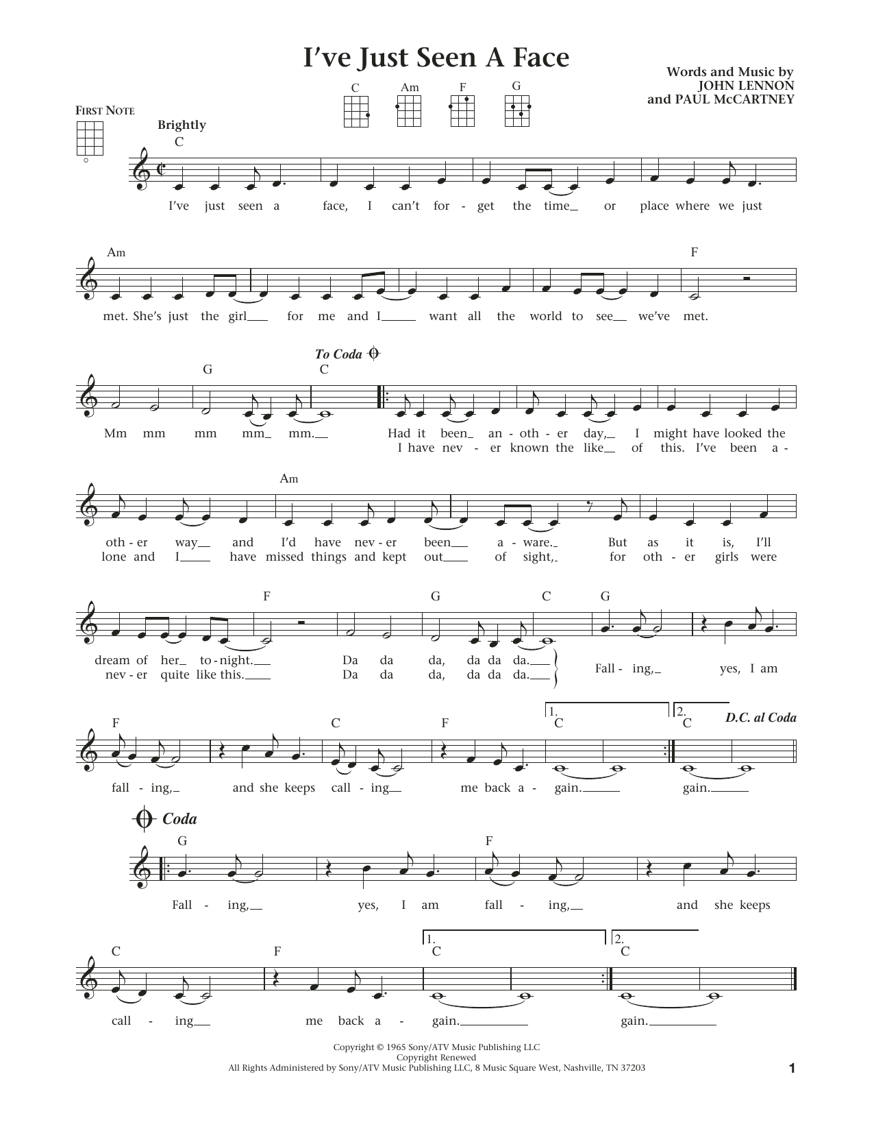 Download The Beatles I've Just Seen A Face Sheet Music and learn how to play Ukulele PDF digital score in minutes