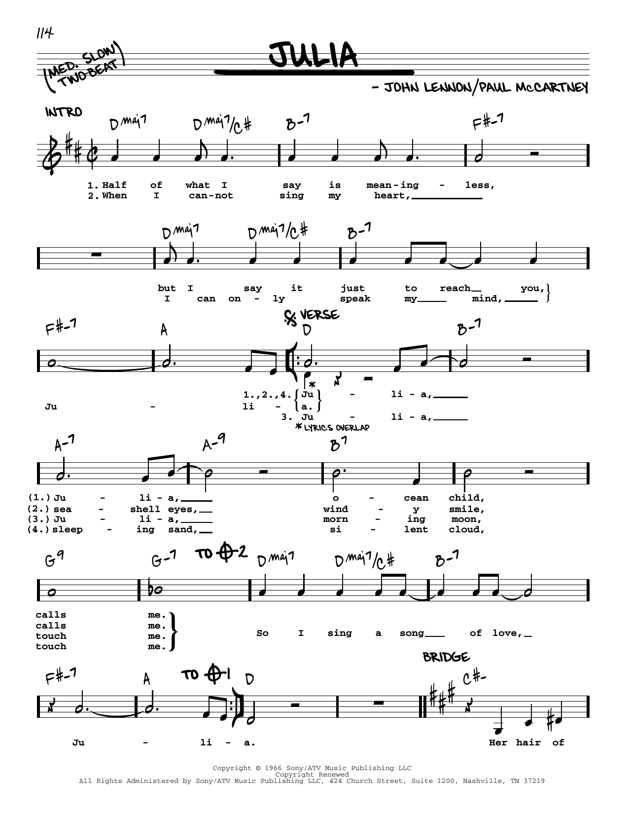 Download The Beatles Julia [Jazz version] Sheet Music and learn how to play Real Book – Melody, Lyrics & Chords PDF digital score in minutes