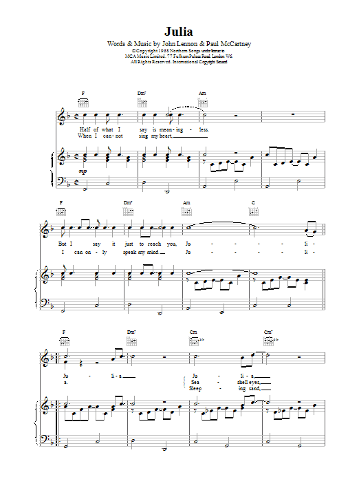 Download The Beatles Julia Sheet Music and learn how to play Melody Line, Lyrics & Chords PDF digital score in minutes
