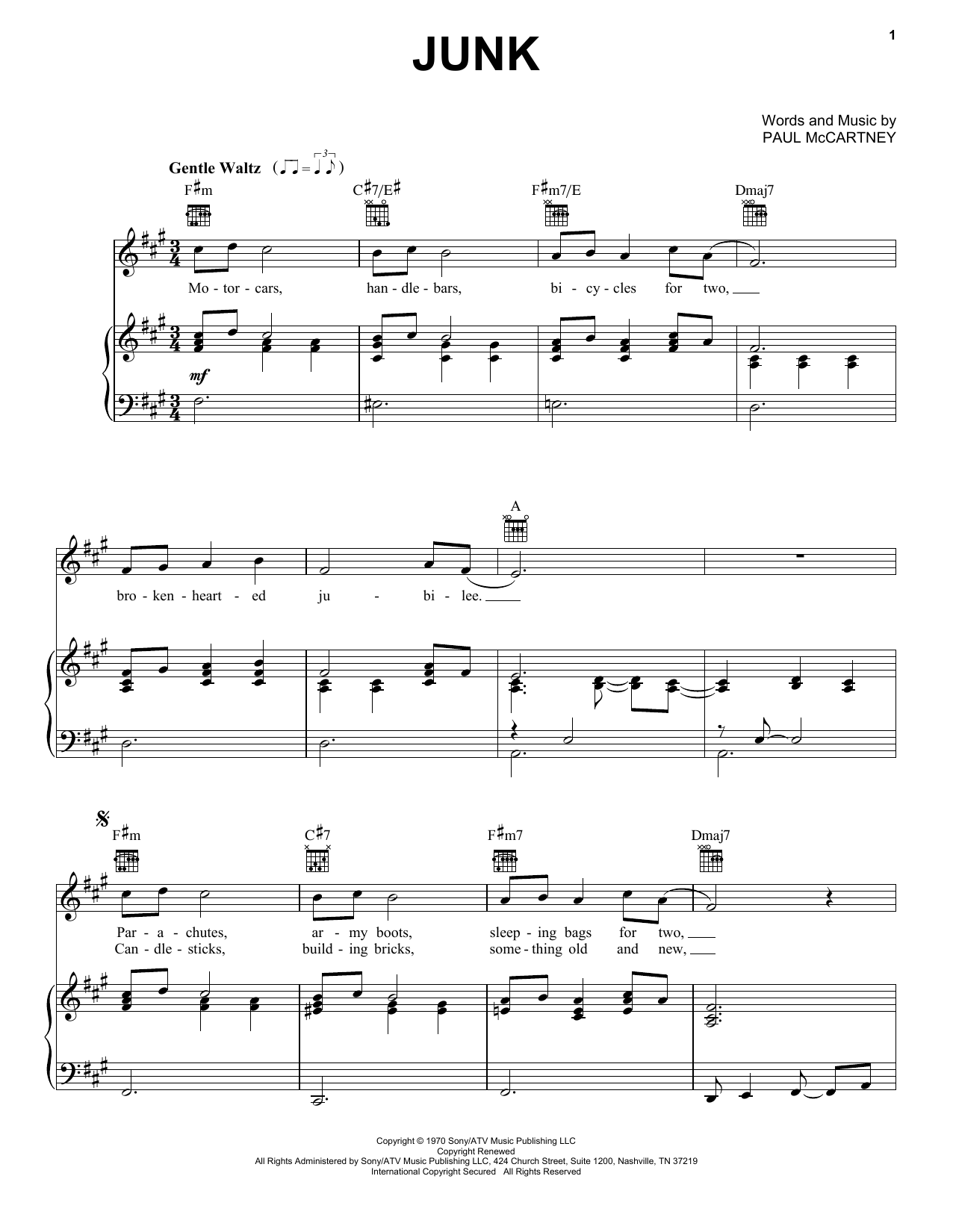 Download The Beatles Junk Sheet Music and learn how to play Piano, Vocal & Guitar (Right-Hand Melody) PDF digital score in minutes