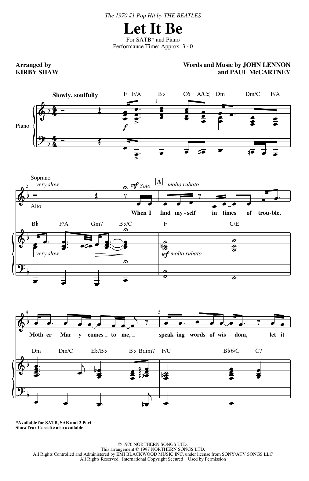 Download The Beatles Let It Be (arr. Kirby Shaw) Sheet Music and learn how to play SAB Choir PDF digital score in minutes