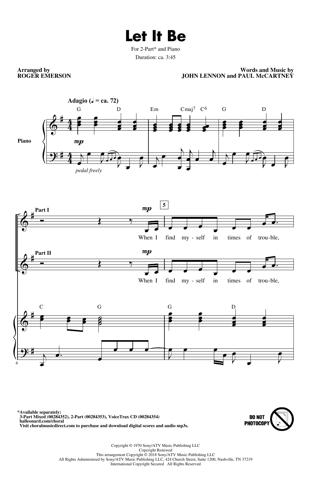Download The Beatles Let It Be (arr. Roger Emerson) Sheet Music and learn how to play 2-Part Choir PDF digital score in minutes
