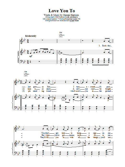 Download The Beatles Love You To Sheet Music and learn how to play Piano, Vocal & Guitar (Right-Hand Melody) PDF digital score in minutes