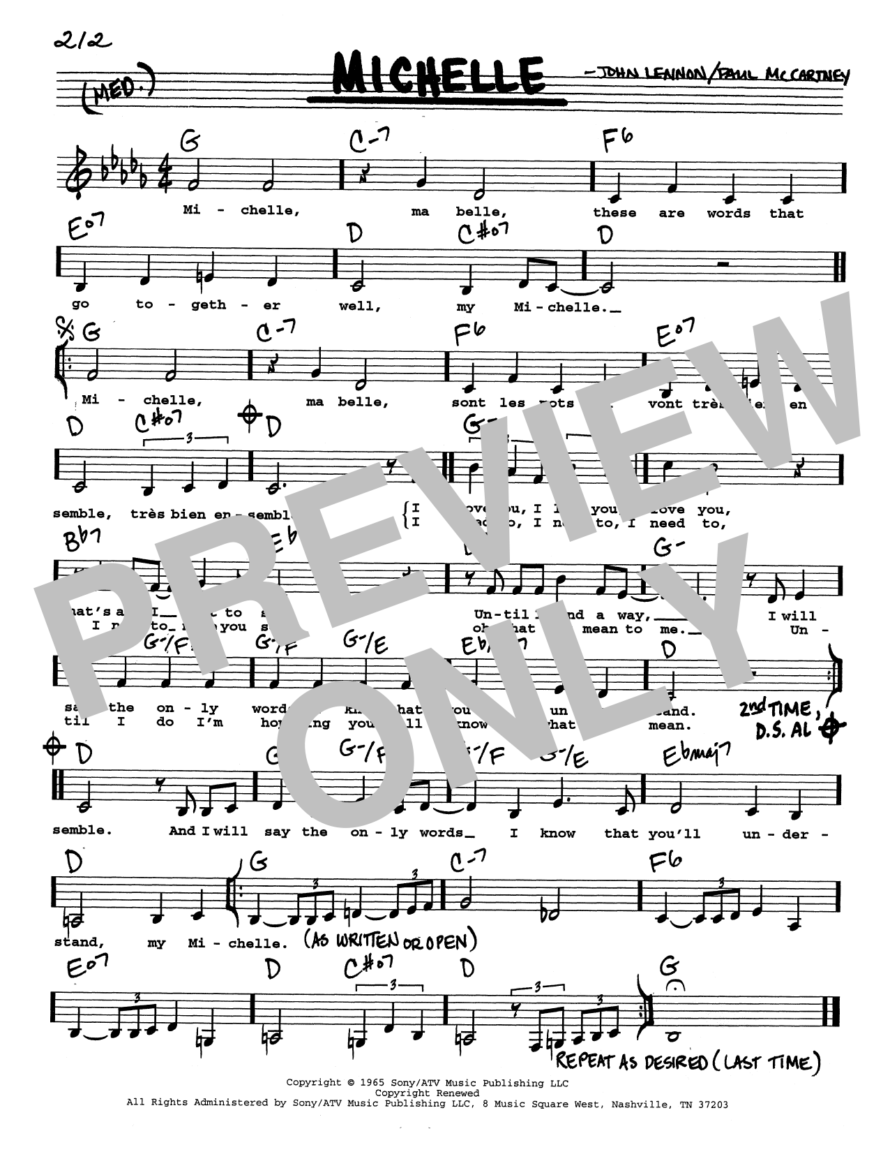 Download The Beatles Michelle (Low Voice) Sheet Music and learn how to play Real Book – Melody, Lyrics & Chords PDF digital score in minutes