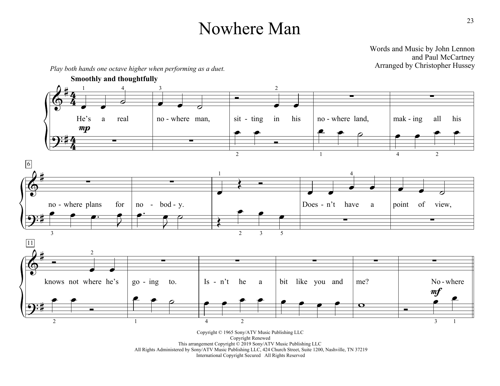 Download The Beatles Nowhere Man (arr. Christopher Hussey) Sheet Music and learn how to play Piano Duet PDF digital score in minutes