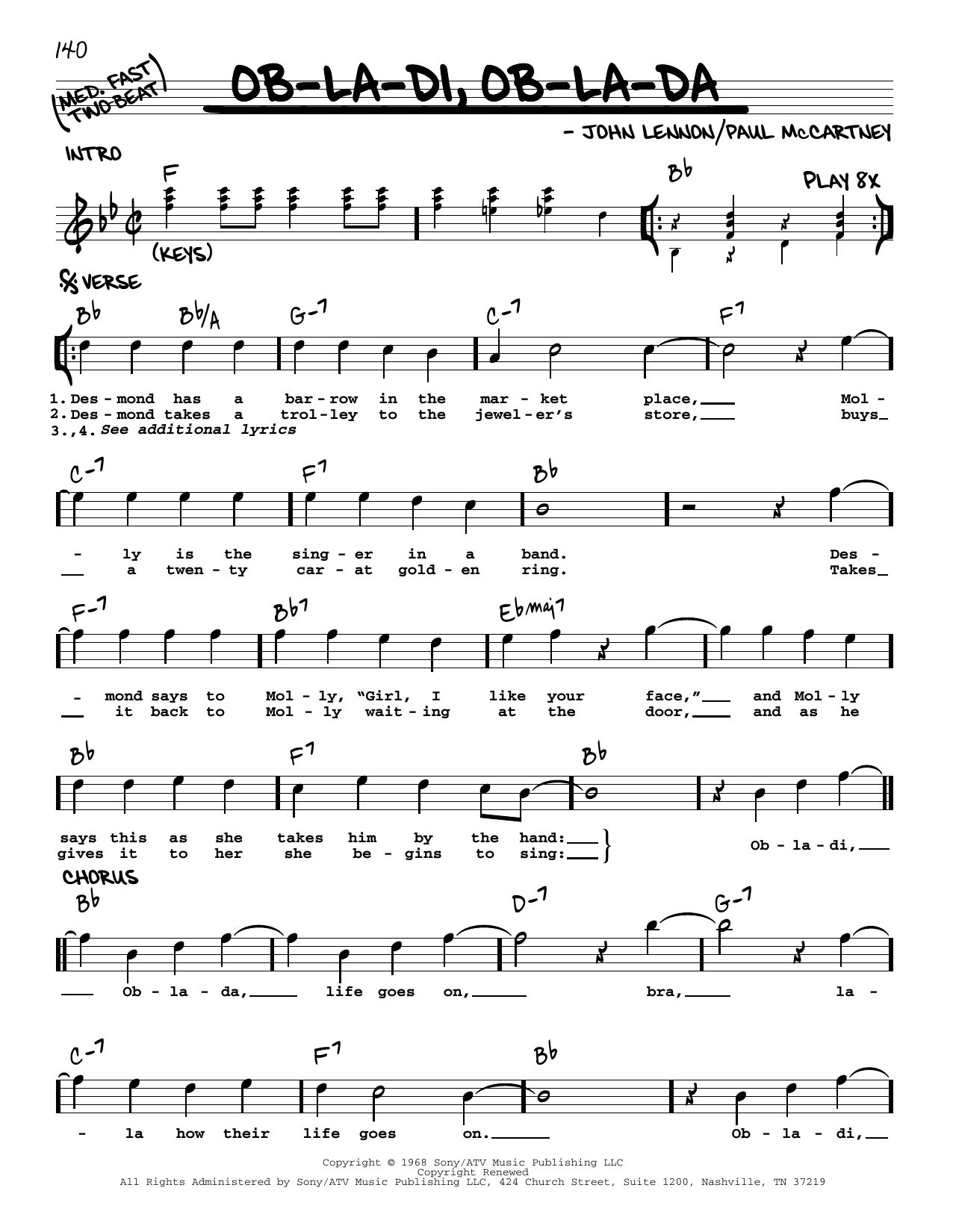 Download The Beatles Ob-La-Di, Ob-La-Da [Jazz version] Sheet Music and learn how to play Real Book – Melody, Lyrics & Chords PDF digital score in minutes