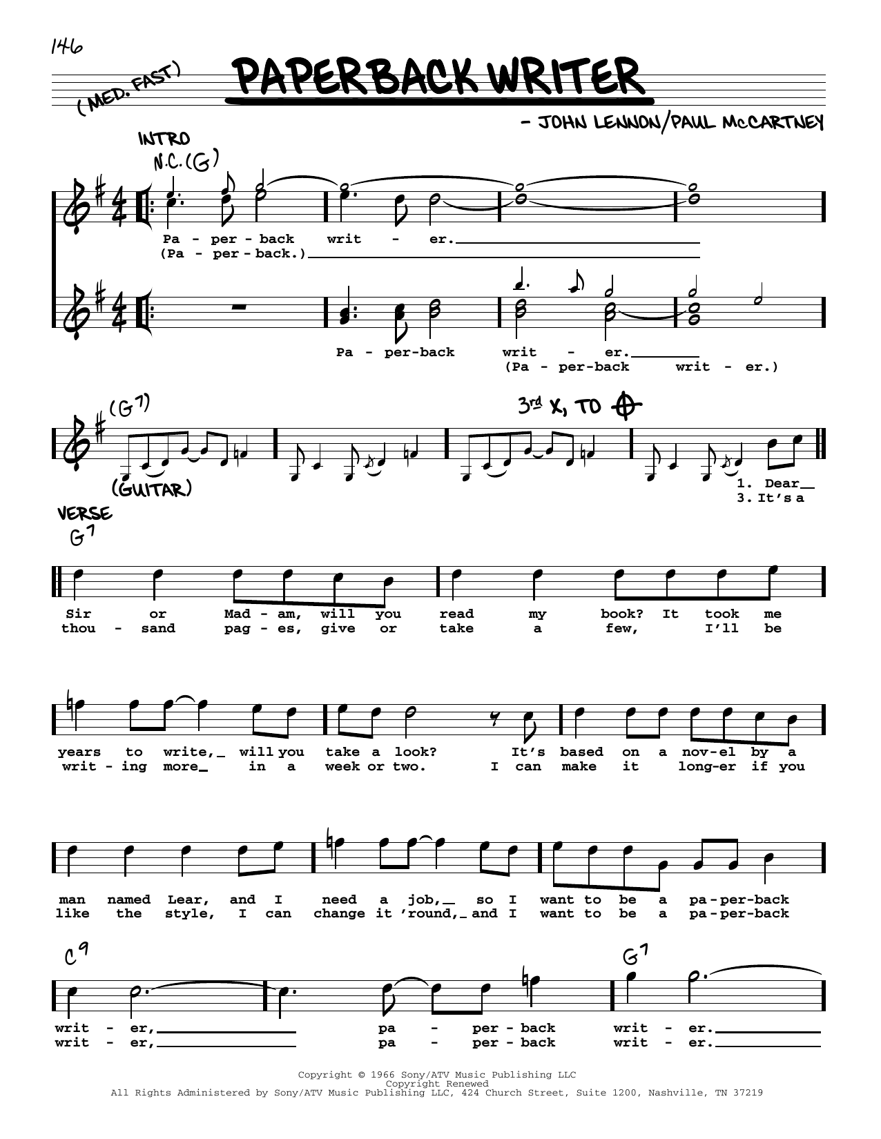 Download The Beatles Paperback Writer [Jazz version] Sheet Music and learn how to play Real Book – Melody, Lyrics & Chords PDF digital score in minutes