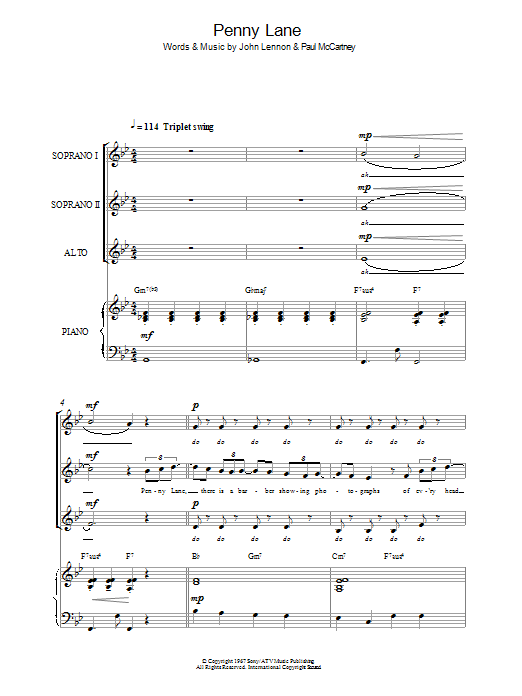Download The Beatles Penny Lane Sheet Music and learn how to play SSA PDF digital score in minutes