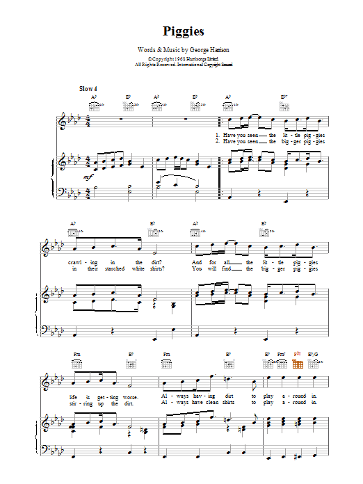 Download The Beatles Piggies Sheet Music and learn how to play Piano, Vocal & Guitar (Right-Hand Melody) PDF digital score in minutes