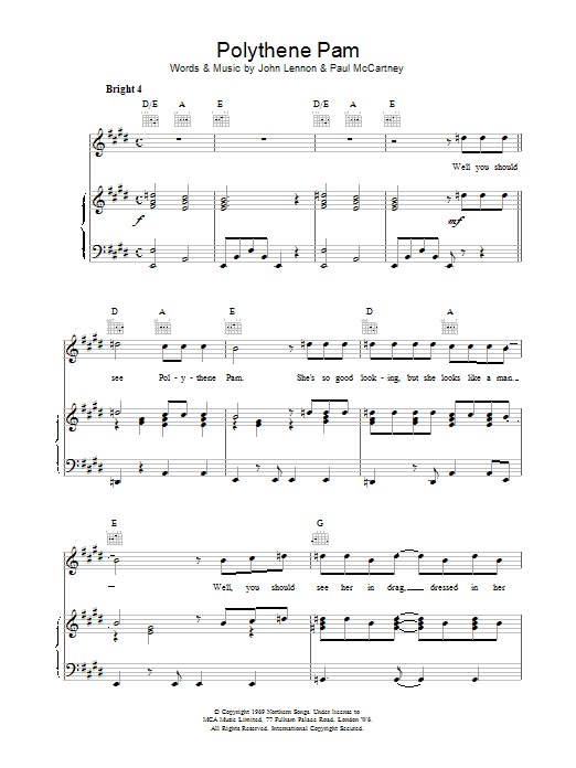 Download The Beatles Polythene Pam Sheet Music and learn how to play Piano, Vocal & Guitar (Right-Hand Melody) PDF digital score in minutes