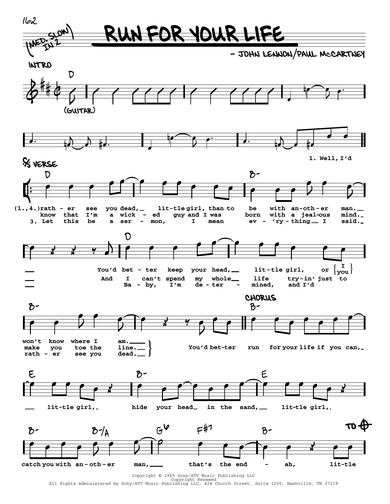 Download The Beatles Run For Your Life [Jazz version] Sheet Music and learn how to play Real Book – Melody, Lyrics & Chords PDF digital score in minutes