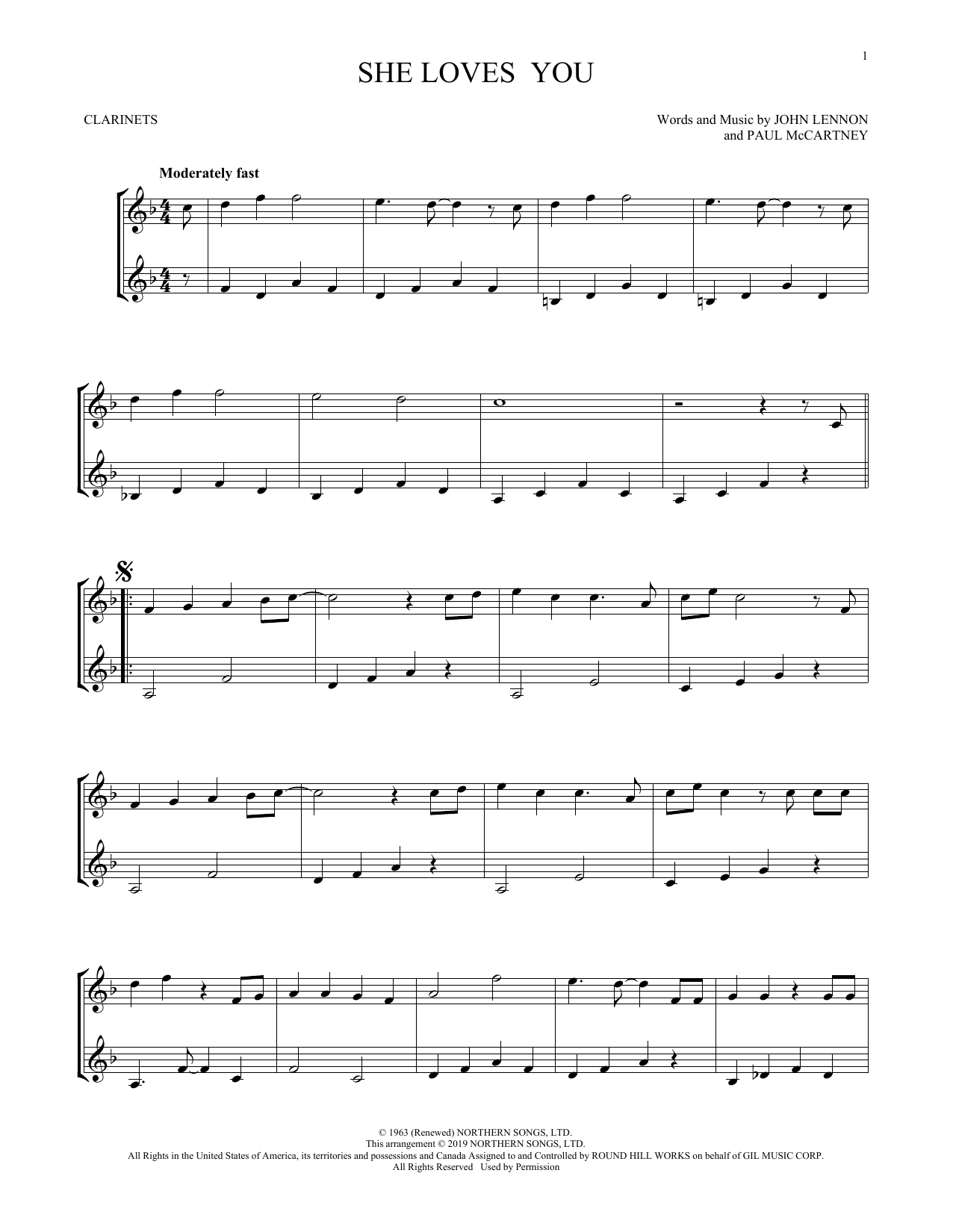 Download The Beatles She Loves You (arr. Mark Phillips) Sheet Music and learn how to play Clarinet Duet PDF digital score in minutes