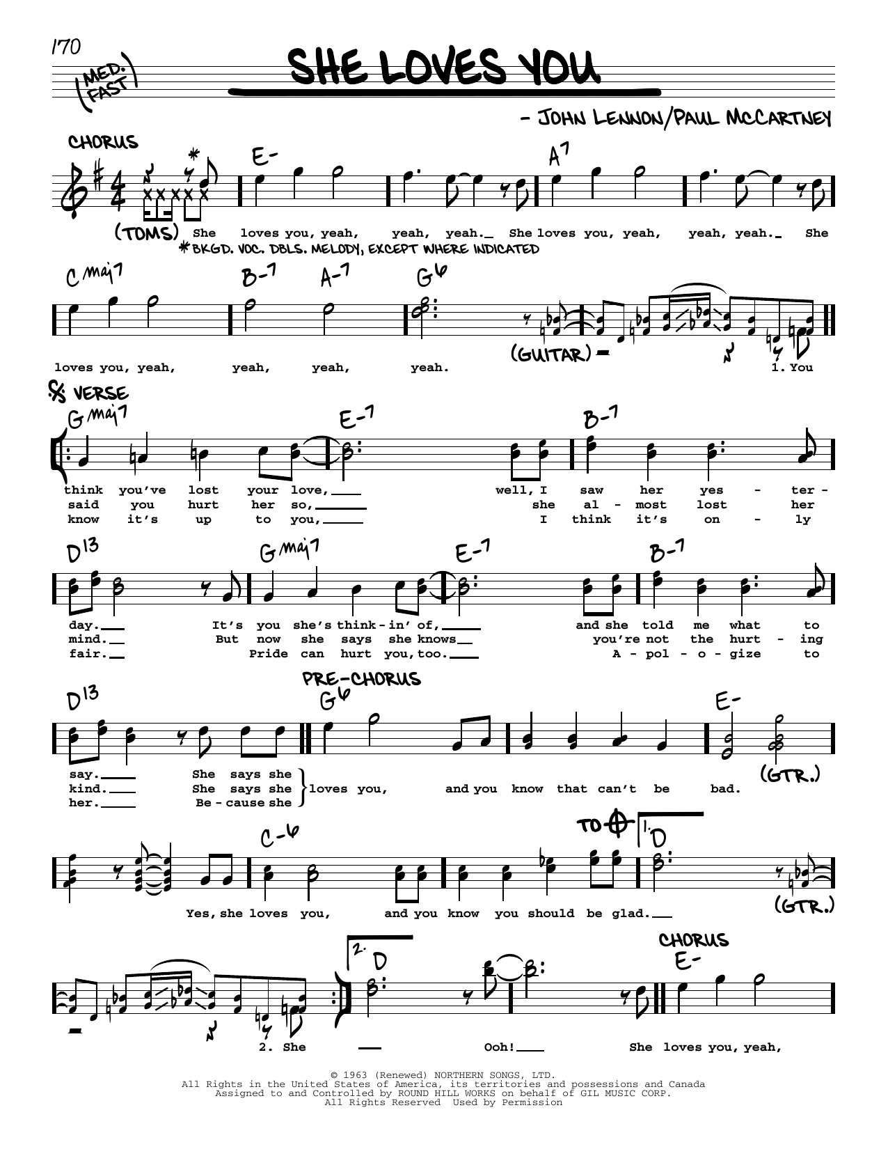 Download The Beatles She Loves You [Jazz version] Sheet Music and learn how to play Real Book – Melody, Lyrics & Chords PDF digital score in minutes