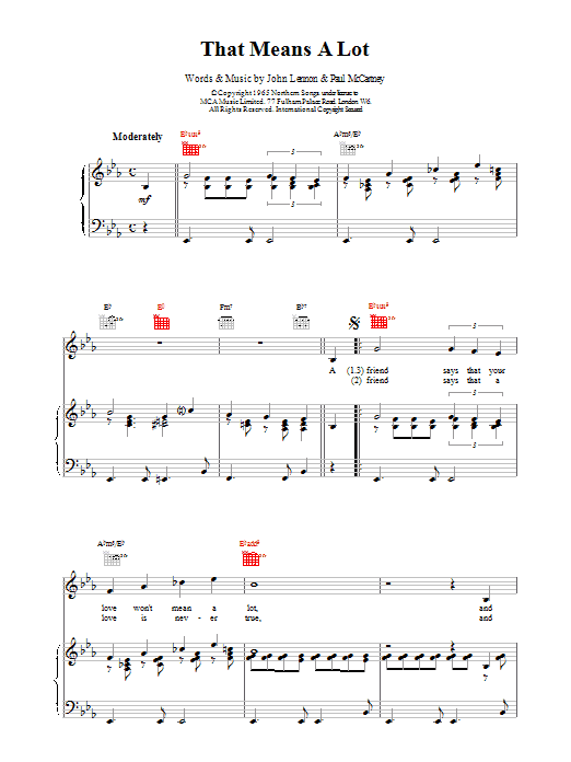 Download The Beatles That Means A Lot Sheet Music and learn how to play Piano, Vocal & Guitar (Right-Hand Melody) PDF digital score in minutes
