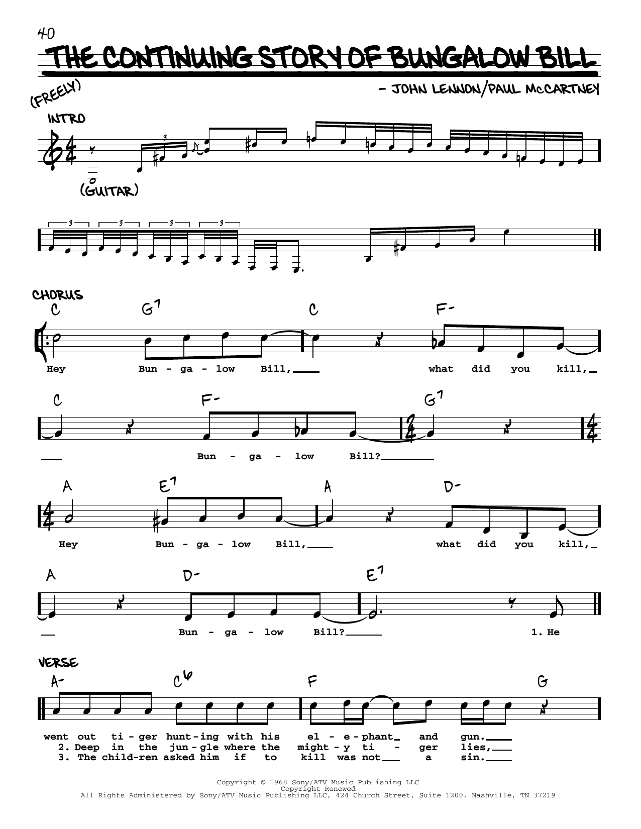 Download The Beatles The Continuing Story Of Bungalow Bill [Jazz version] Sheet Music and learn how to play Real Book – Melody, Lyrics & Chords PDF digital score in minutes