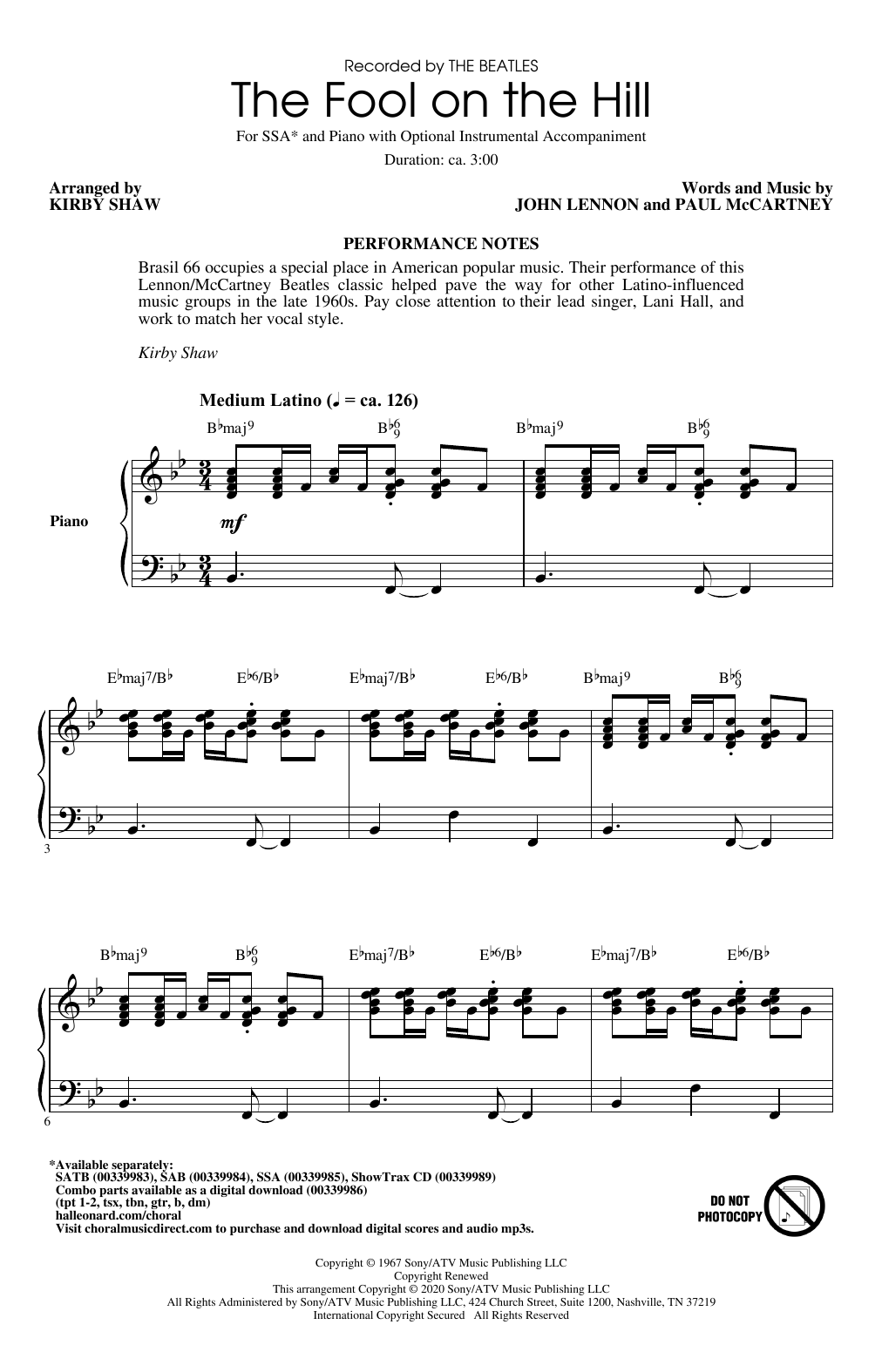 Download The Beatles The Fool On The Hill (arr. Kirby Shaw) Sheet Music and learn how to play SATB Choir PDF digital score in minutes