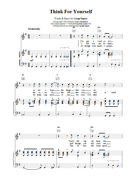 Download The Beatles Think For Yourself Sheet Music and learn how to play Piano, Vocal & Guitar (Right-Hand Melody) PDF digital score in minutes