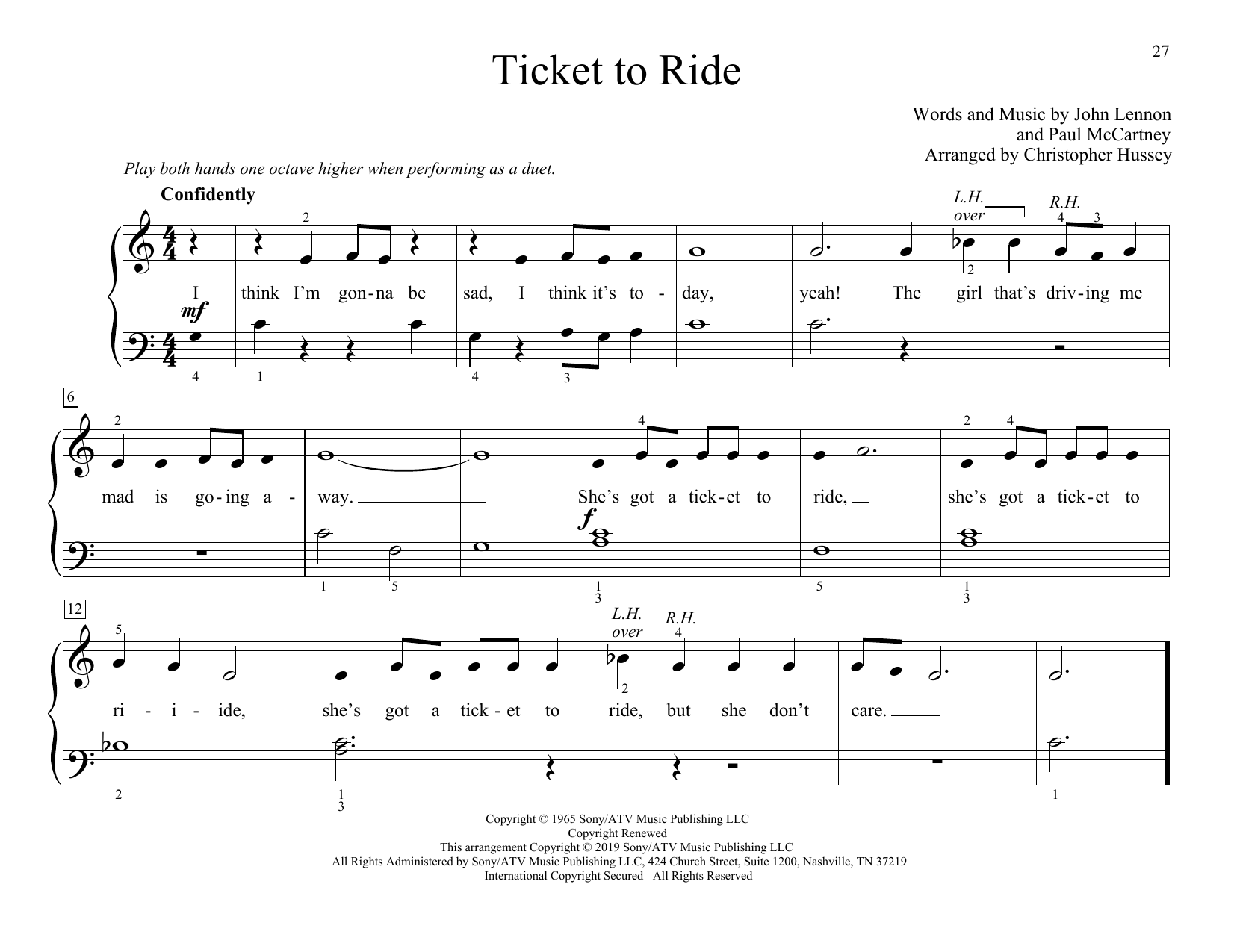 Download The Beatles Ticket To Ride (arr. Christopher Hussey) Sheet Music and learn how to play Piano Duet PDF digital score in minutes