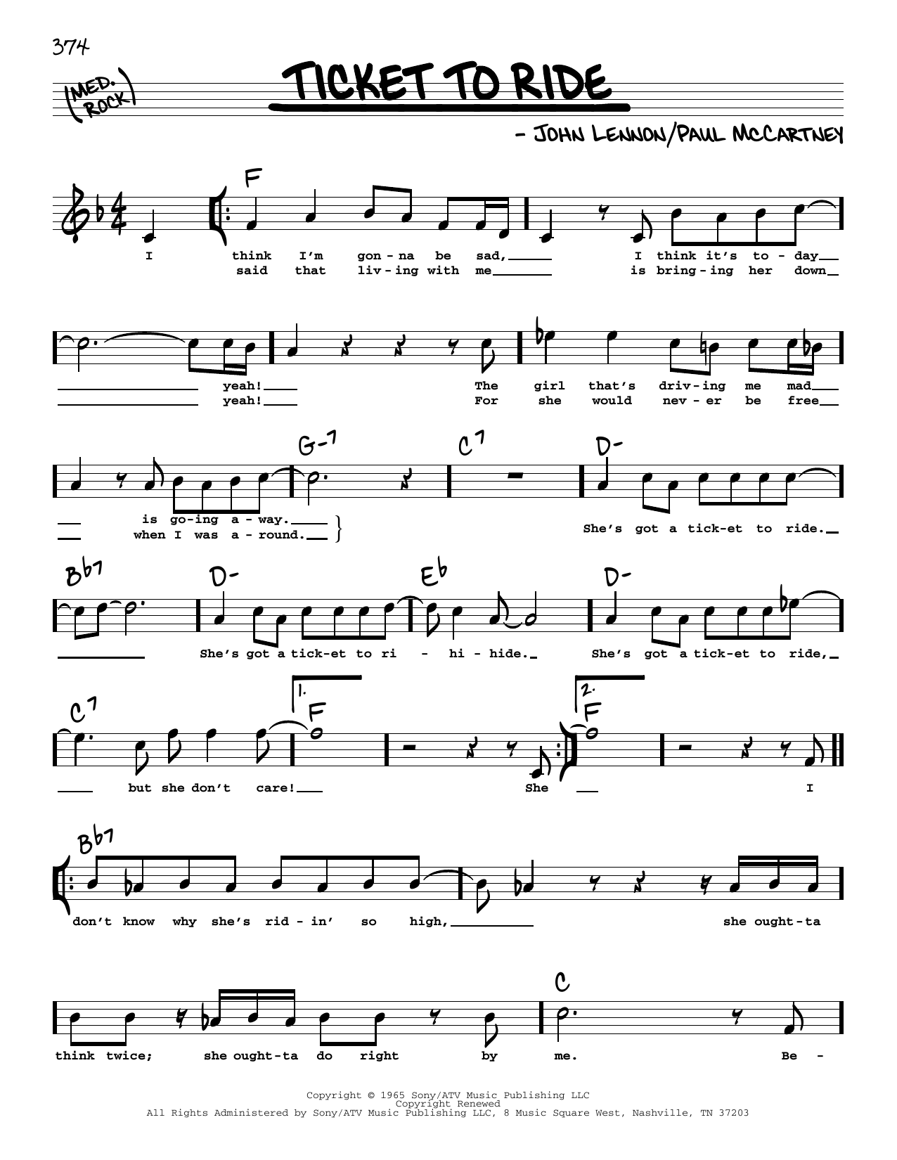 Download The Beatles Ticket To Ride (High Voice) Sheet Music and learn how to play Real Book – Melody, Lyrics & Chords PDF digital score in minutes