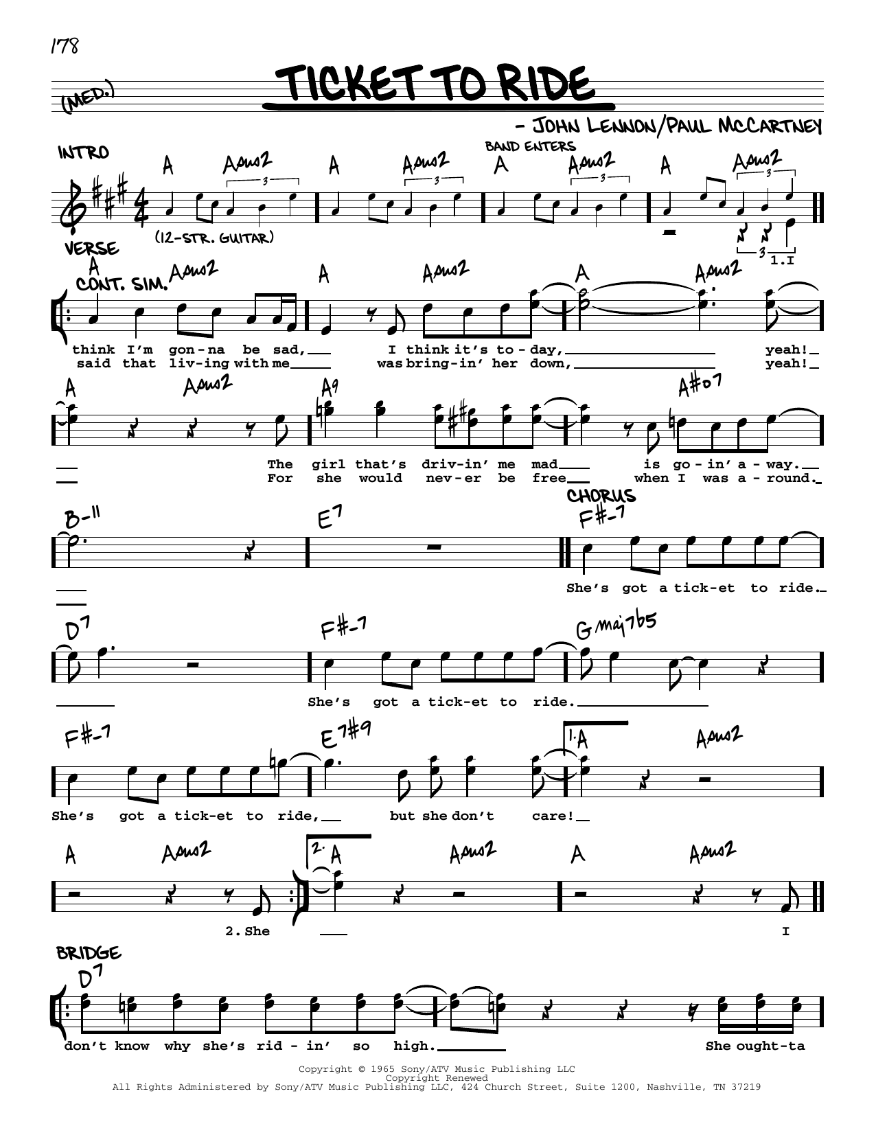 Download The Beatles Ticket To Ride [Jazz version] Sheet Music and learn how to play Real Book – Melody, Lyrics & Chords PDF digital score in minutes