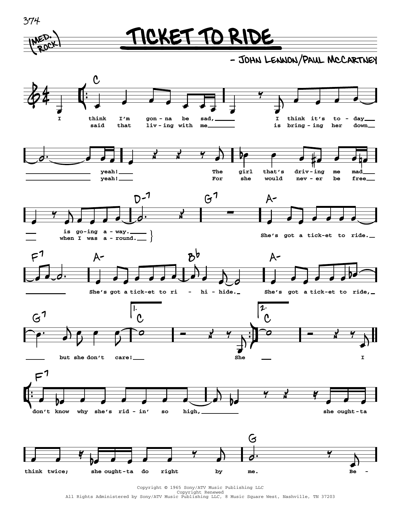 Download The Beatles Ticket To Ride (Low Voice) Sheet Music and learn how to play Real Book – Melody, Lyrics & Chords PDF digital score in minutes