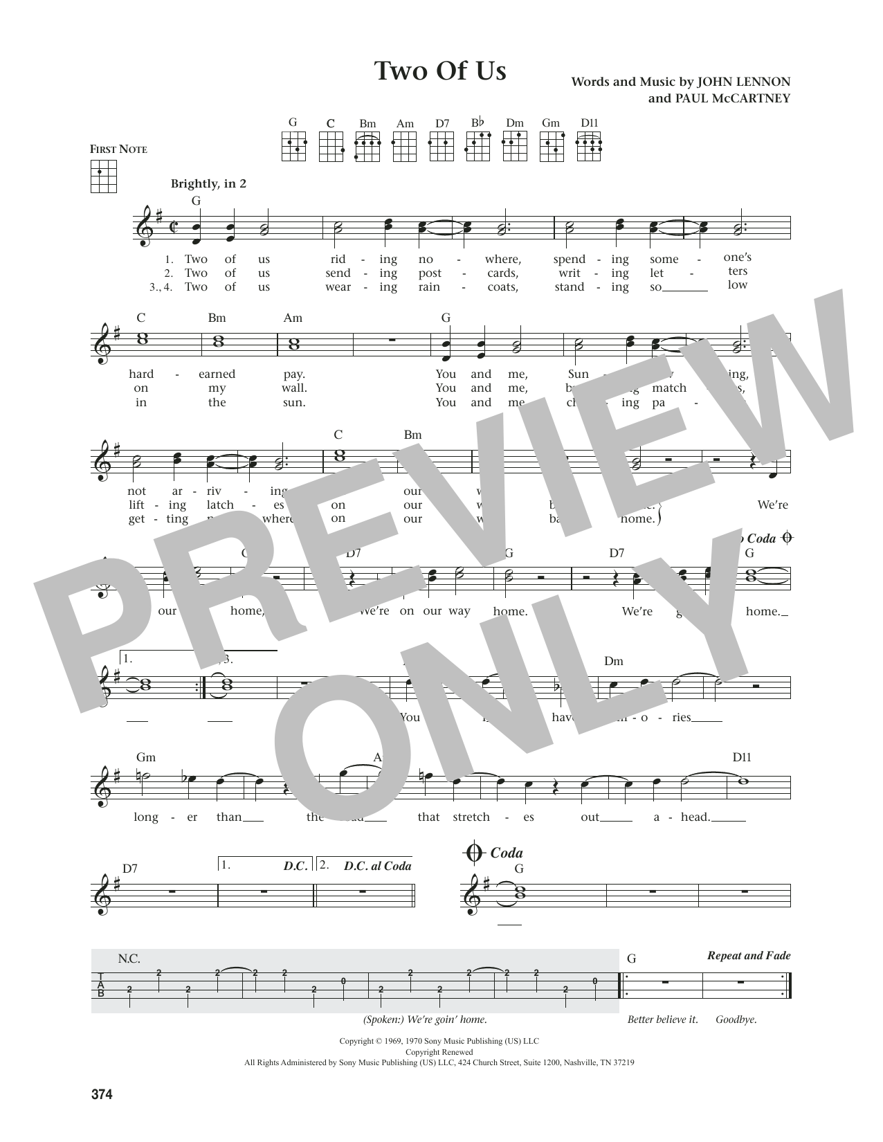 Download The Beatles Two Of Us (from The Daily Ukulele) (arr. Jim Beloff) Sheet Music and learn how to play Ukulele PDF digital score in minutes